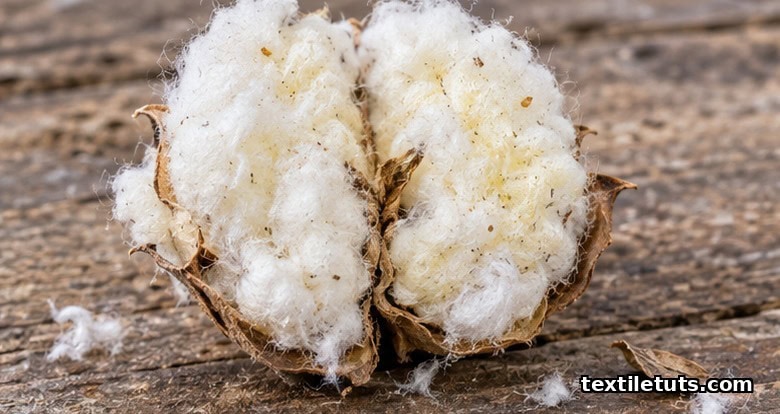Close-up of a split-open raw cotton boll showing white fibers tinted by natural waxes and pectin impurities.