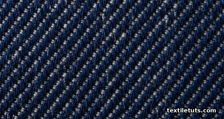 Extreme macro view of raw denim fabric showing the deep indigo 3/1 twill weave and undyed ecru weft yarns in crisp loom-state texture.