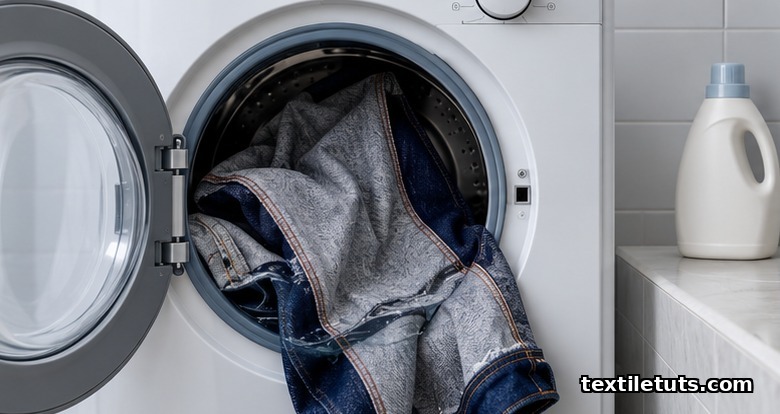 Inside-out dark indigo raw denim jeans draped over an open front-loading washer set to a gentle cycle with cold water in the drum.