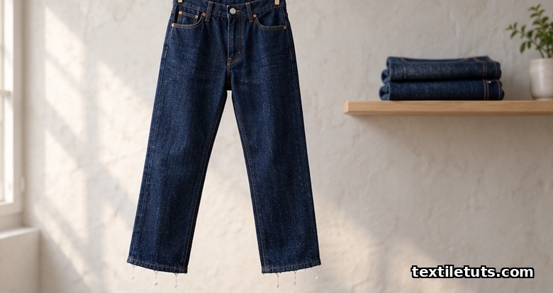 Raw indigo jeans hanging from a wooden clothesline in soft daylight with a second pair neatly folded on a clean wooden shelf.