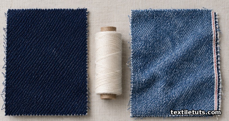 Side-by-side swatches comparing deeply saturated raw loom-state indigo denim with softer faded commercially washed denim on linen.