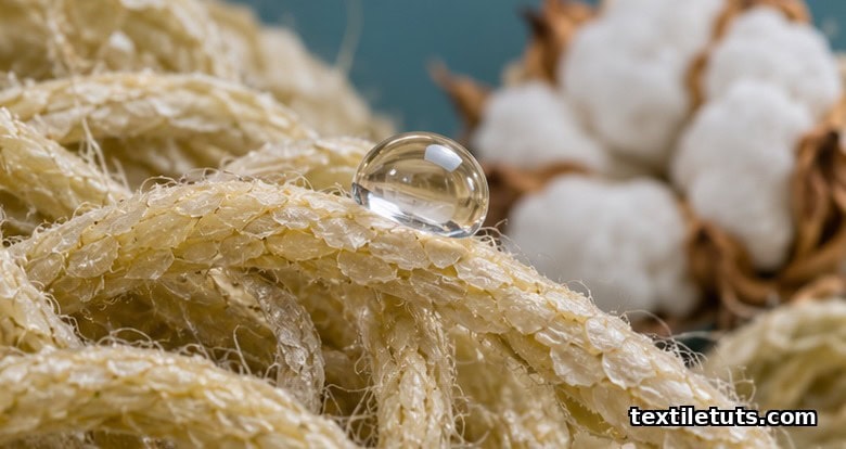 Macro close-up of raw greige cotton fibers showing the waxy hydrophobic cuticle and a water droplet beading on the surface.