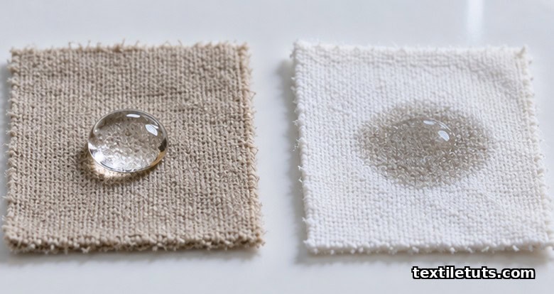 Side-by-side macro of greige versus scoured cotton fabric swatches showing a water droplet beading on raw cotton and instantly wicking into scoured cotton.