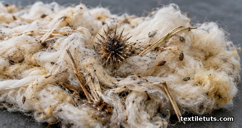 Macro photograph of raw wool staple with a dark thistle burr and dried grass fragments tangled in the fibers.