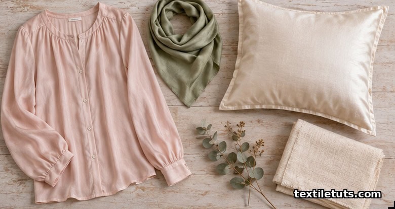 Finished rayon garments including a draped blush blouse, folded sage scarf, and sheen pillow sham on a pale wooden surface.