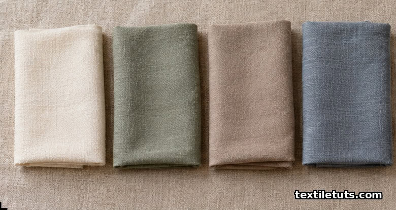 Four folded fabric swatches in neutral tones representing viscose, modal, lyocell, and high-wet-modulus rayon variants.