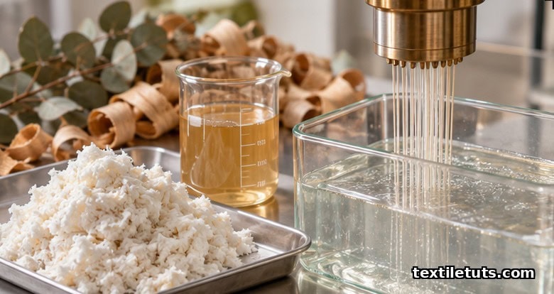 Wood pulp, viscose solution, beech shavings, eucalyptus leaves, and a spinneret over an acid bath showing the rayon production process.