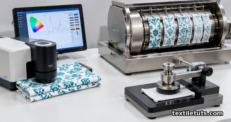 Textile QC station with spectrophotometer on printed cotton, AATCC launderometer drum and crockmeter for wash and rub fastness.