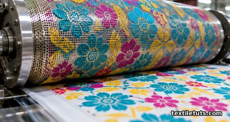 Rotary screen reactive printing depositing bright turquoise, magenta and yellow dye paste onto white cotton fabric in a textile mill.