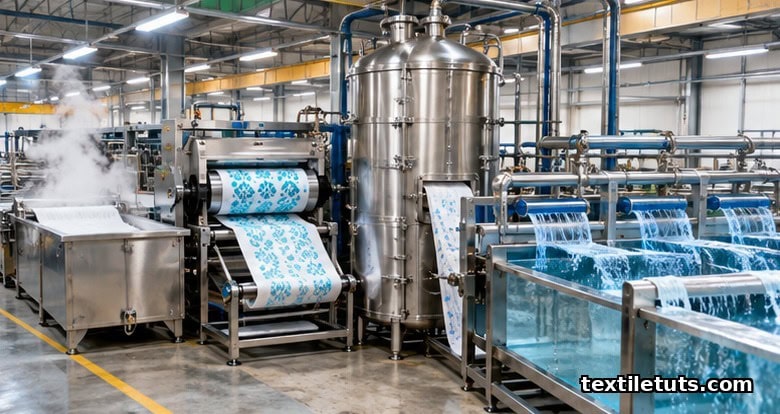 Five-stage reactive printing line showing fabric prep, rotary screen print, steam fixation chamber and multi-stage wash-off basins.