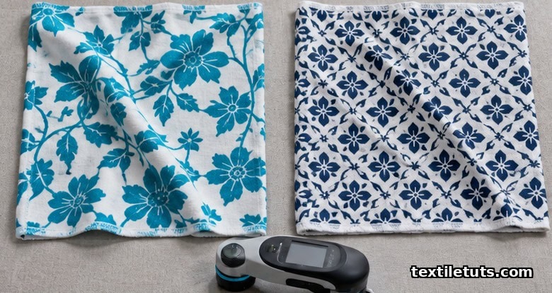 Two cotton swatches compared side by reactive-printed soft turquoise floral on left, pigment-printed crisp navy geometric on right.