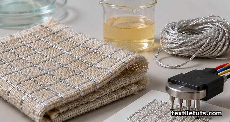 Lab still life of a woven fabric swatch with silver conductive threads, a beaker of biopolymer solution, and a four-point probe on a pale benchtop.