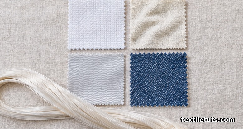 Overhead flat-lay of polyester, cotton, nylon 6, and PET-cotton blend fabric swatches on a pale linen cloth.