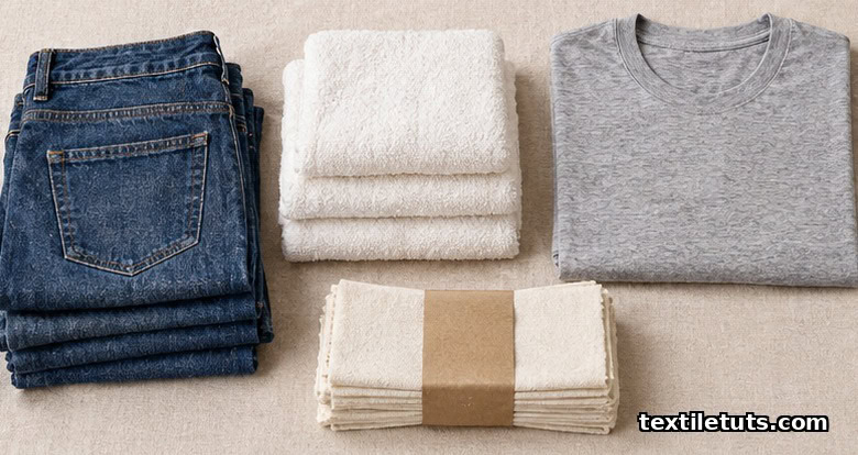 Folded denim jeans, white towels, a heather tee, and wiping cloths made with recycled cotton.