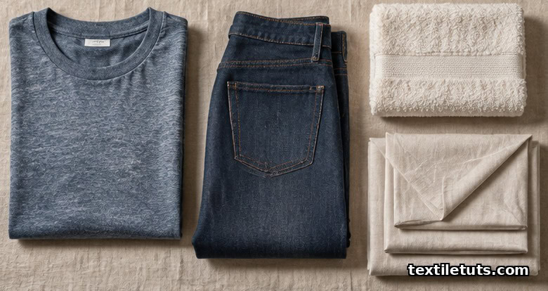 Flat-lay of folded heather t-shirt, raw denim jeans, terry towel, and oat-colored bed linens made from recycled cotton on natural linen.