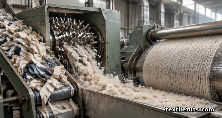 Industrial mechanical cotton recycling line: textile offcuts on a conveyor feeding a shredding drum, with separated fibers going into a carding cylinder.