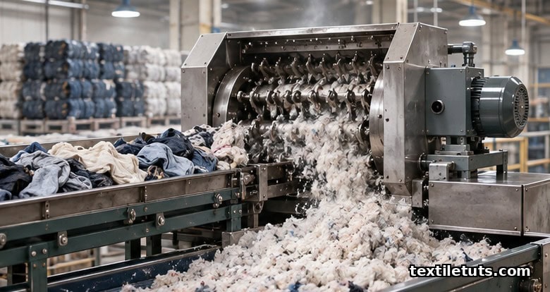 Mechanical recycling line tearing used cotton textile into fibers with a rotating drum shredder.