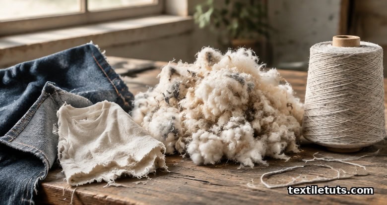 Worn denim and torn t-shirt scraps beside loose cotton fiber tufts and a spool of recycled yarn on a wooden bench.