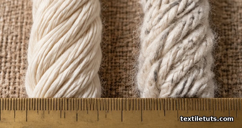 Macro comparison of longer smooth virgin cotton yarn beside shorter fuzzy recycled cotton yarn on woven jute.