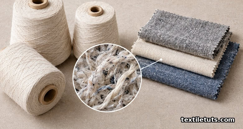 Yarn cones and fabric swatches of recycled and virgin cotton blends arranged on a beige surface.