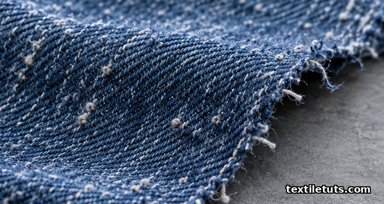 Close-up of recycled denim fabric showing fuzzy fiber surface, mottled indigo shade, and visible 3x1 twill weave under raking studio light.