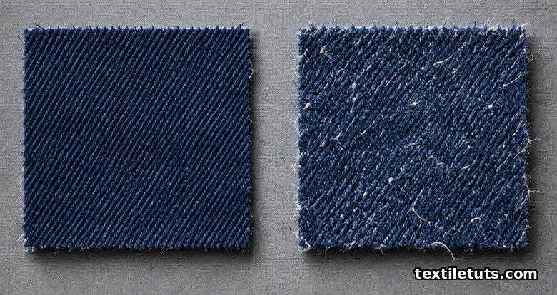 Side-by-side denim swatches: smooth virgin cotton 3x1 twill on the left, fuzzy 50/50 recycled blend with visible loose fiber ends on the right.