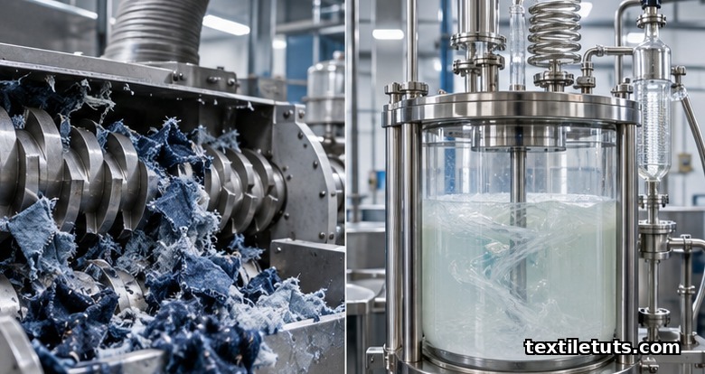 Split view of denim recycling: industrial shredder rotors and cutters on the left, clear chemical cellulose dissolving vessel on the right.