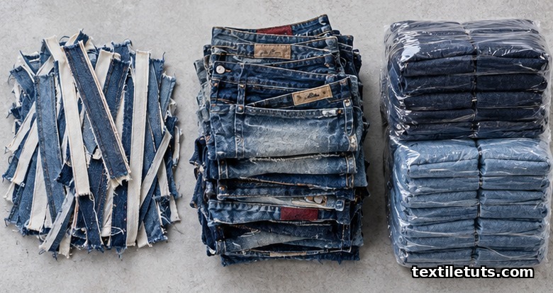 Flat-lay of three denim feedstock categories: clean selvedge cuttings, worn post-consumer jeans, and color-sorted reclaimed finished stock.