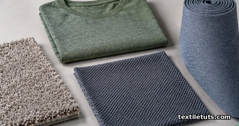 Flat-lay of rPET textile products including carpet sample, t-shirt, upholstery fabric, and automotive mesh.