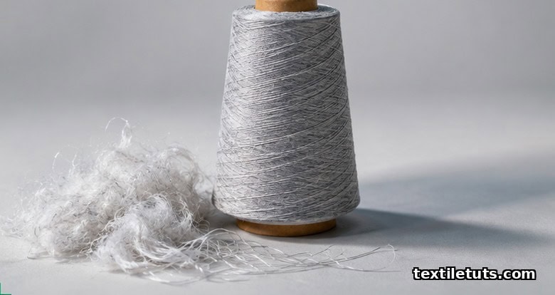 Macro close-up of recycled PET filament yarn on a kraft-paper bobbin with scattered staple fibers.