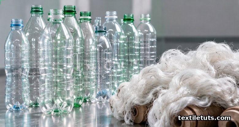 Clear PET bottles transition into soft polyester staple fibers on bobbins, illustrating recycled polyester (rPET).