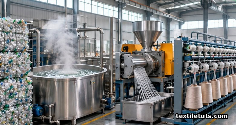 Recycling facility floor showing compressed PET bottles, hot caustic wash, extruder, and fiber spinning frame.