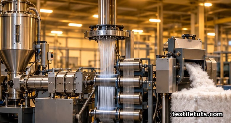 Five sequential rPET spinning stages from hopper dryer to crimped staple bale shown as a continuous industrial process line.