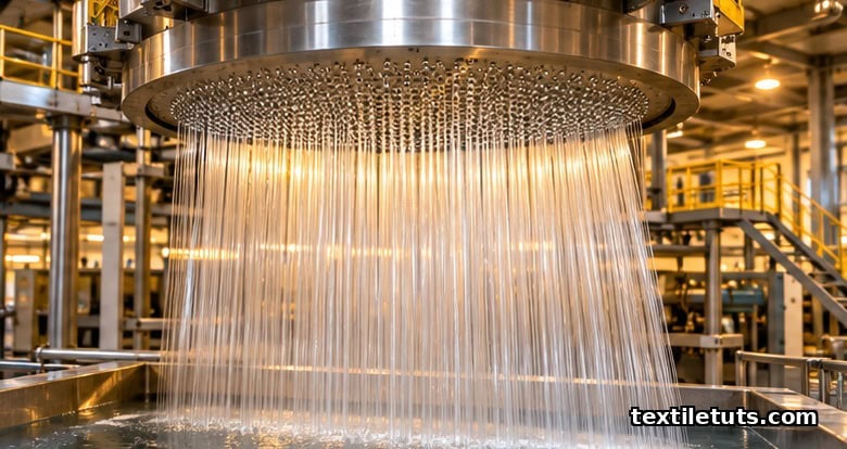 Melt-spinning line extruding fine translucent polyester filaments from a circular spinneret plate with warm industrial lighting.
