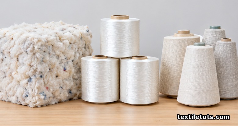 Recycled polyester staple fiber bale, regenerated cellulose filament spools, and recycled nylon 6 yarn cones on a workbench.