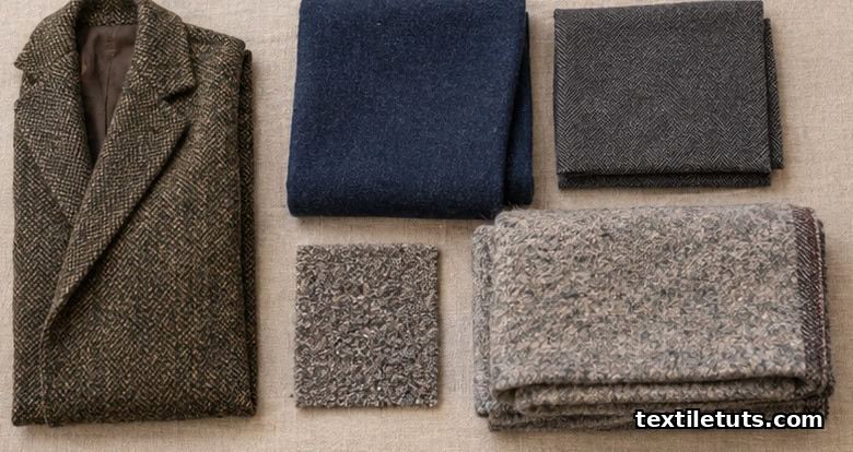 Flat lay of recycled wool products: tweed swatch, melton overcoat piece, uniform fabric, carpet tile, and folded blanket.