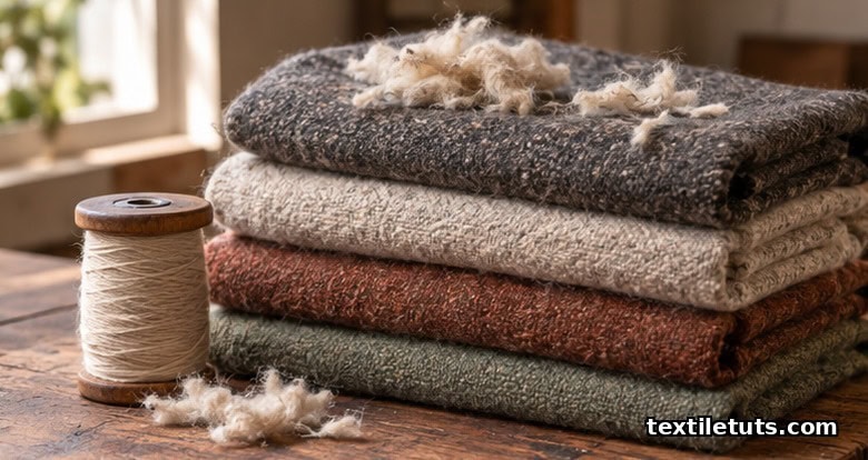 Stack of folded heathered wool blankets in muted earth tones on rustic wood with loose wool fiber wisps and a wooden bobbin.