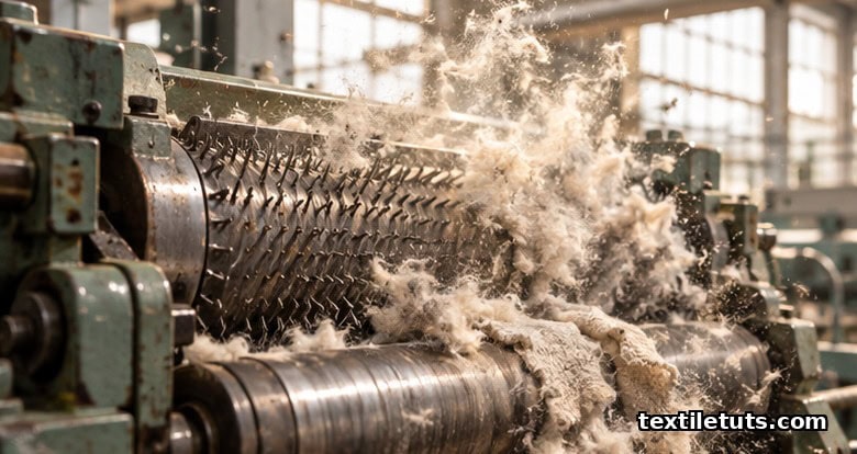 Close-up of a wool-tearing machine with needle-studded rollers ripping cream woolen fabric into loose airborne fibers.