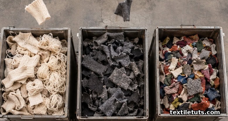 Overhead view of three sorting bins filled with wool fabric scraps, knitwear offcuts, and yarn ends on a concrete floor.
