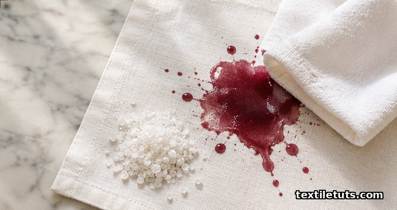 White cotton napkin with a fresh burgundy red wine spill being blotted by a clean white cloth on a marble surface.