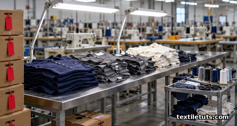 Rejected garments piled on stainless-steel rework tables under bright inspection lamps, with red reject tags on stacked cartons.