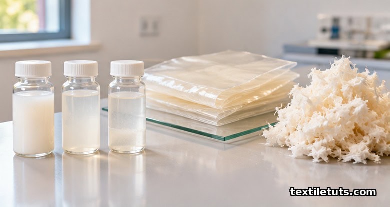 Bench scene of cellulose nanofibril suspensions in glass vials beside cast cellulose films and bleached wood pulp fluff.