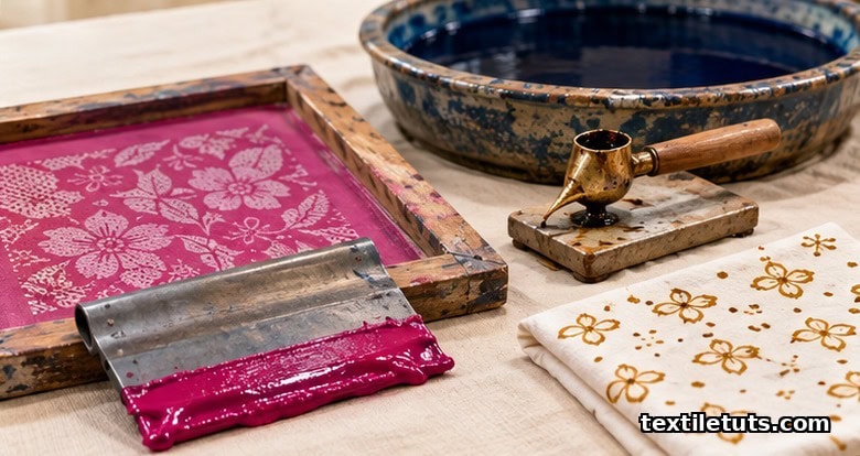 Still-life comparison of flat-screen printing with reactive dye paste and copper canting tool with wax and indigo dye vat on bleached cotton.