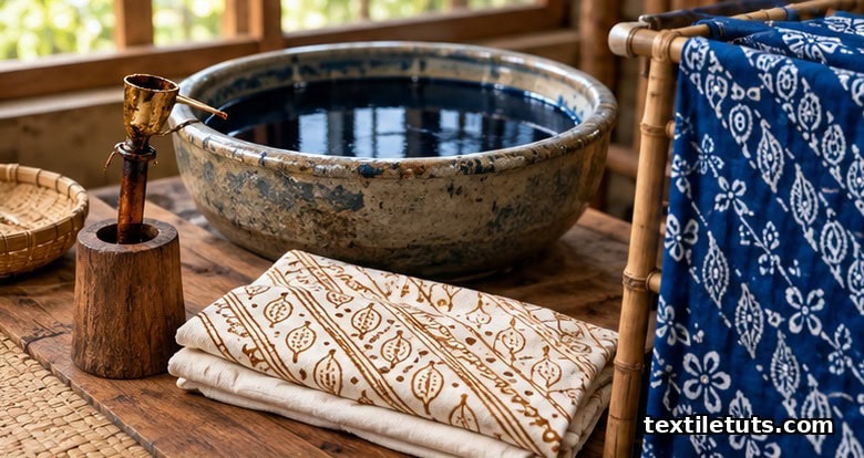 Traditional batik workstation with copper canting tool, wax-drawn white cotton, and a stoneware vat of deep indigo dye on bamboo rack.