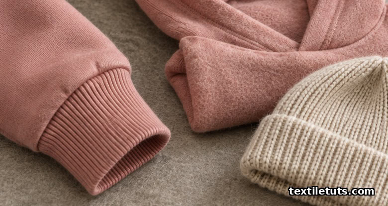 Ribbed sweatshirt cuff detail beside folded dusty rose fleece hoodie on neutral background