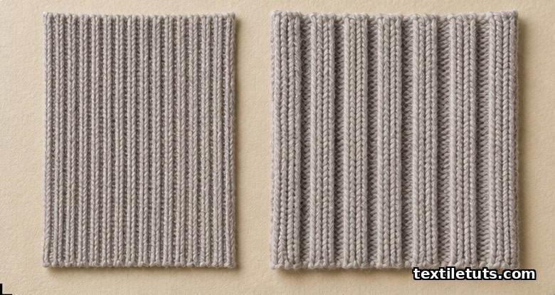 Side-by-side 1x1 and 2x2 rib fabric swatches showing alternating face and reverse wales lying flat with no edge curl.