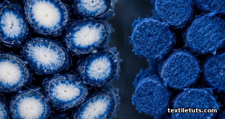Microscopic cross-section of cotton fibers showing indigo ring-dyed shell and white core.