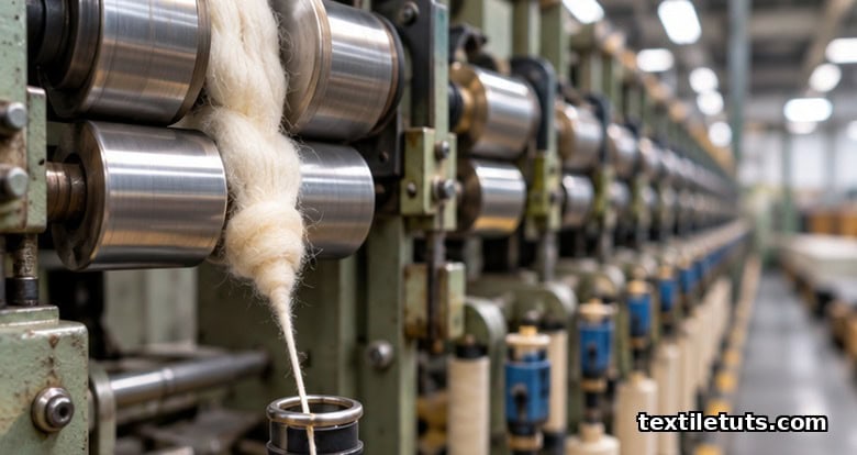 Ring spinning frame drafting rollers producing slub yarn in a cotton textile mill close-up