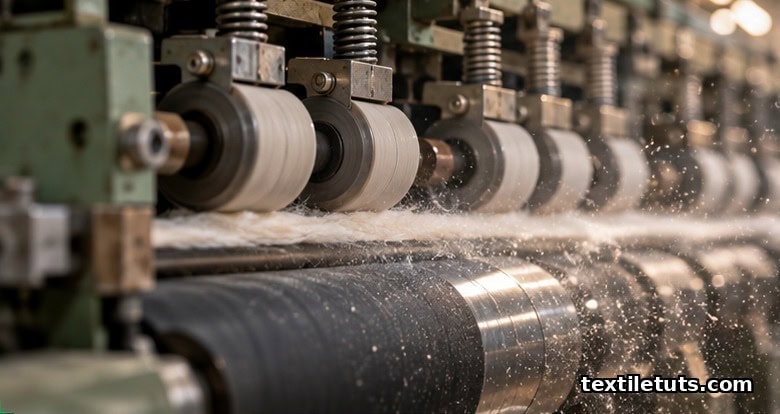 Close-up of a ring frame drafting zone showing top rollers, aprons, and short fibre fragments floating above the front roller nip.