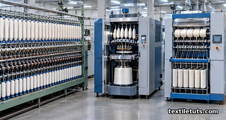 Ring, rotor, and air-jet spinning machines shown side by side in a textile spinning mill.